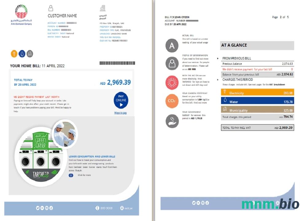 UAE Sharjah Al Ain Distribution Co. Szablon rachunku za media Word i PDF (5 stron) 1 2